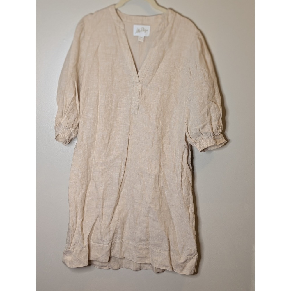 Lilly Pulitzer Beige Linen Puff Sleeve V-Neck Shift Dress Size 10 Oatmeal Sand